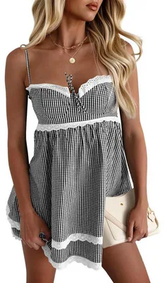 Produktbild von Imily Bela Sommerliches Minikleid für Damen mit Trägern, herzförmigem Ausschnitt, kariertem Spitzenbesatz im Y2K-Stil, mehrlagigem Strandkleid