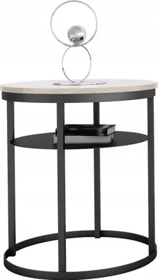 Zdjęcie produktu dla Okrągły Stolik Kawowy z Półką Do Salonu Loft 55 cm Metal Czarny+Dąb Sonoma