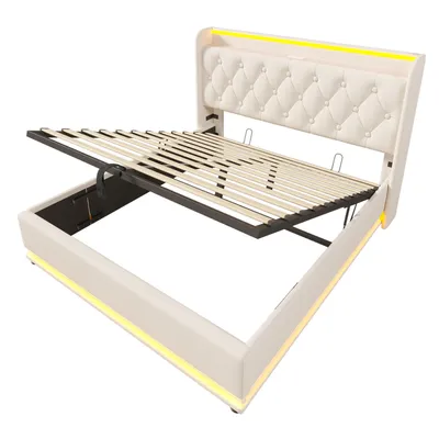 Produktbild von Flieks Polsterbett 140x200cm mit Ladefunktion (USB&Typ-c), Jugendbett Doppelbett Stauraumbett mit LED, Hydraulisches Boxspringbett, PU, Weiß