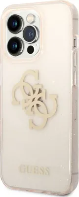A close-up side view of a gold iPhone 14 Pro Max case with glitter.