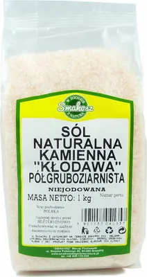 A bag of salt with product information and branding.