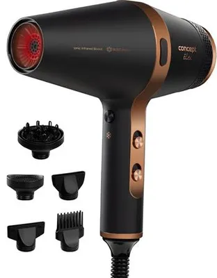 A black and gold hair dryer with multiple attachments is displayed against a white background.