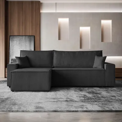 Image de Canapé d'angle HEKTOR en L avec fonction couchage et coffre de rangement, canapé noir, pouf 100 cm