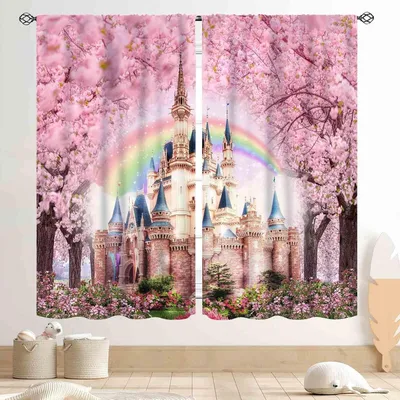 Productafbeelding van Prinsessengordijnen - Kindergordijnen Meisjes - Babykamer Decoratie - Uniek Sprookjesontwerp - 45 x 42 Inch (2 stuks) - Roze