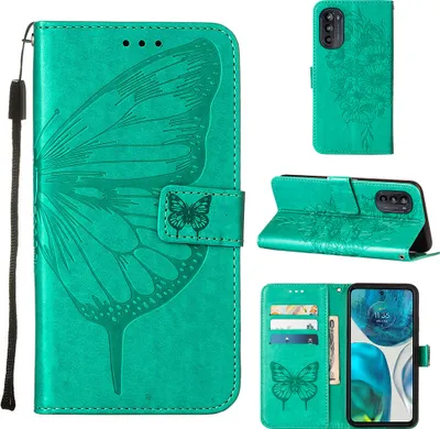 Produktbild von Moto G52 Hülle, Schmetterling Prägung Flip Leder Kartenfächer Schutzhülle Ledertasche mit Ständer für Motorola Moto G52 Grün