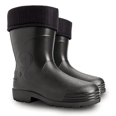 A pair of black rubber boots with black knit cuffs, shown against a white background.