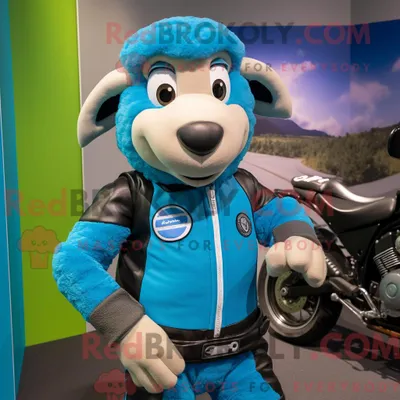 Produktbild von Cyan REDBROKOLY Suffolk Schaf Maskottchen Kostüm Charakter gekleidet in einer Motorradjacke und Fußpolster