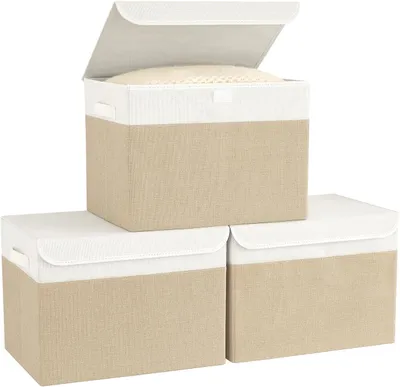 Produktbild von Aufbewahrungsboxen mit Deckel, 3er-Set faltbare Stoffaufbewahrungsboxen mit praktischen Griffen, 37 x 24 x 24 cm, Aufbewahrungsboxen mit Deckel für das Schlafzimmer, k