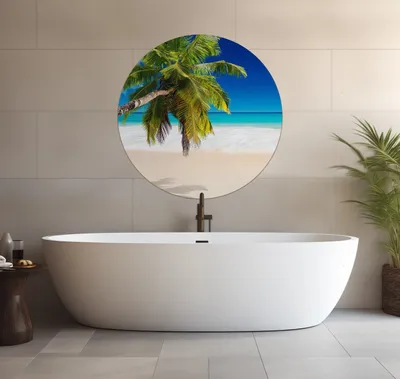 Produktbild von Wallario wasserfestes Poster selbstklebend 90 x 90 cm, Südseestrand in der Karibik mit Palme, Badezimmerposter Spritzschutz mit Hochglanzoberfläche in Glasoptik