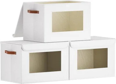 Produktbild von Famanu Aufbewahrungsbox Set aus 3 faltbaren Stoffboxen mit Deckel und Sichtfenster - Weiß 45x30x30