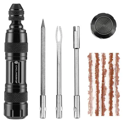 Immagine prodotto di Kit di riparazione per pneumatici tubeless per bicicletta, mountain bike o bici da corsa - lega di alluminio, nero, con 5 elastici di gomma