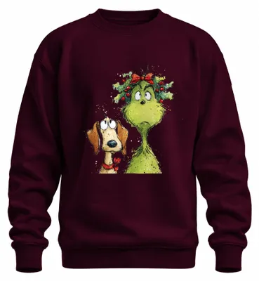 Imagen del producto de Camiseta de manga larga o sudadera con estampado navideño, diseño de "Grinch" con un perro y motivos de acebo, divertida, ideal para regalo, uni, color burdeos, talla M