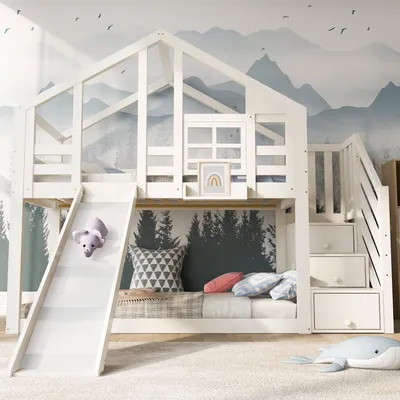 Obrázek produktu pro okwish patrová postel v podkroví 90x200 cm s ochranou proti vypadnutí, domeček na stromě se zásuvkou a 2x lamelovým roštem, dětská patrová postel (bez matrace) - bílá