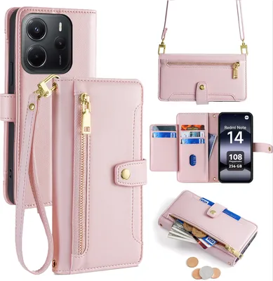 Produktbild von Handykette Xiaomi Redmi Note 14 4G Hülle mit Band Handyhülle Kartenfächer Kunstleder Umhängetasche in Rosa