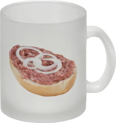 Produktbild von Glastasse mit Mettbrötchen Motiv, ca. 300 ml Fassungsvermögen, ca. 9 cm Höhe