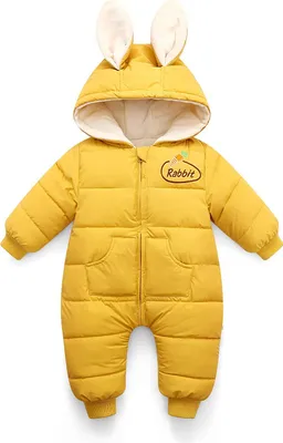 Produktbild von Baby Schneeanzug Winter Strampler Kapuzen Jungen Mädchen Outfits Baumwolle Overall Warmer Langarm Cartoon Kaninchen (Gelb,80cm)