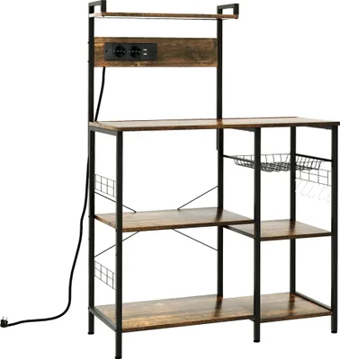 Image de HOMCOM Étagere cuisine meuble micro-onde étagère rangement cuisine style industriel avec prise de courant, chargeur USB, étagères, 5 crochets et panier en maille, 90 x 42 x 130 cm marron rustique