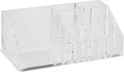 A clear acrylic organizer with multiple compartments.