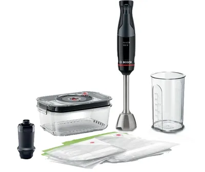 A Bosch hand blender and its accessories are displayed against a white background.