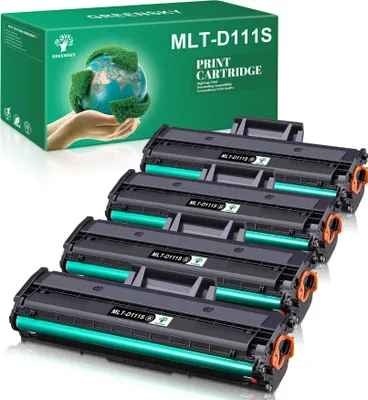 A box of Greensky MLT-D111S toner cartridges with several cartridges stacked in front of it.