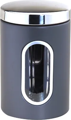 A gray cylindrical storage container with a silver lid and a clear window.