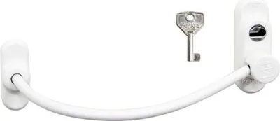 A white window security lock with a key on a white background.