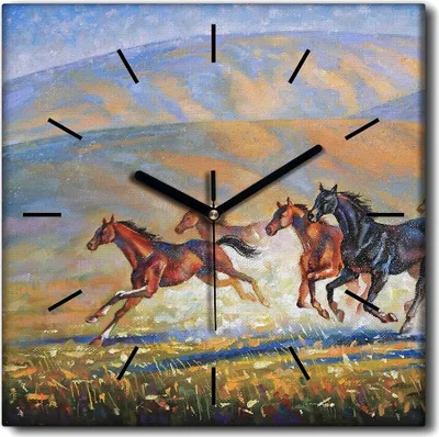 Produktbild von Coloray Uhr auf Leinwand 30x30 cm Wand Uhr Dekoration Wohnzimmer Segeltuch schwarze Hände -Pferde Vögel Tiere.