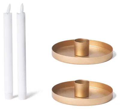 Produktbild von Novaliv 2er-Set Stabkerzenhalter 14cm Metall rund Tafelkerzen GOLD matt mit Premium LED-Echtwachskerze Stabkerze elektrisch flammenlos Kerzenhalter Adventskranz Weihnachtsdekoration candle holder