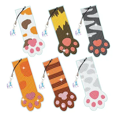 A collage of six diamond painting bookmarks, each shaped like a cat's paw.