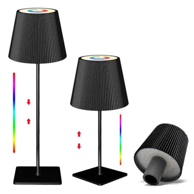 Three black lamps are displayed against a white background. Two lamps are standing upright, and one is shown disassembled.