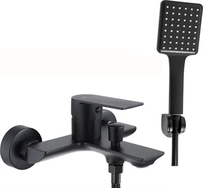 A black bathtub faucet and showerhead set against a white background.