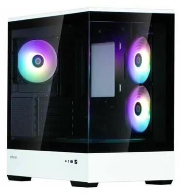 A white and black computer case with RGB fans.