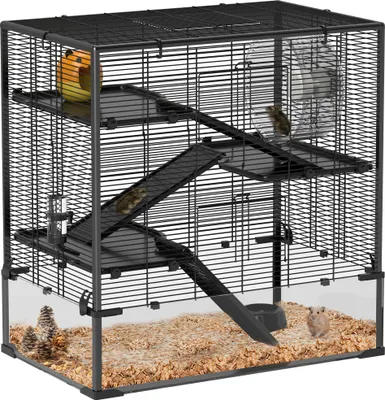 Produktbild von PawHut Hamsterkäfig für Zwerghamster, 4-stufiges Nagerkäfig mit Glasboden, Hütte, Laufrad, Rampen, Futterschale, Kleintierkäfig Zwerghamsterkäfig 78,5 x 48,5 x 80 cm Schwarz