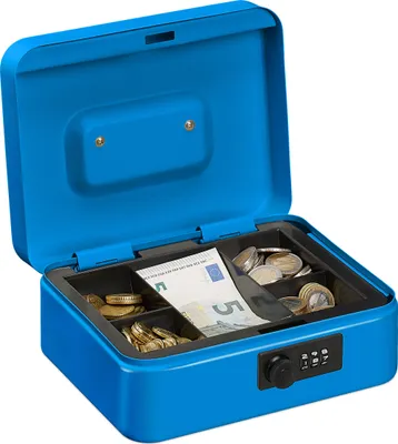 Produktbild von Relaxdays Geldkassette, 3-stellige Zahlenkombination, Münzeinsatz, Geldkasten Eisen, Kasse, HBT 8,5 x 20 x 17 cm, blau