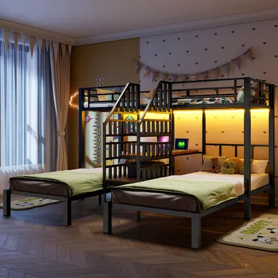 Obrázok produktu pre Poschodová posteľ 90 x 200 cm pre 3 lôžka s rebríkom a úložnými priestormi, stolom a policou, LED pásom ovládaným aplikáciou, 2 USB portmi + zásuvkou, kov/MDF, čierna