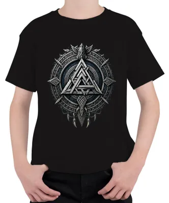 Obrázok produktu pre Tričko s motívom Valknut, runy, Odin, krák, bojovník Berserker, Asatru, pohanstvo, detské, čierna farba, veľkosť 140