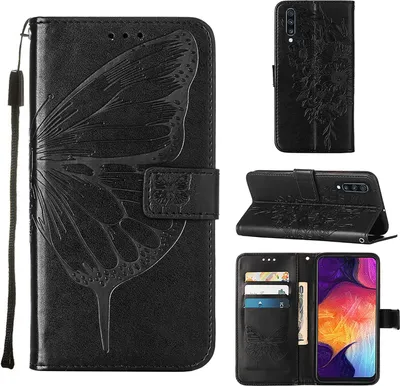 Produktbild von Galaxy A50 Hülle, Schmetterling Prägung Flip Leder Kartenfächer Schutzhülle Ledertasche mit Ständer für Samsung Galaxy A50 / A30S / A50S Schwarz
