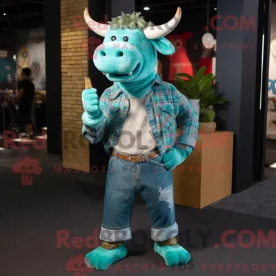 Obrázok produktu pre Kostýmová postava maskota Teal Bull, oblečená v džínsoch typu "boyfriend" a s šnúrkami