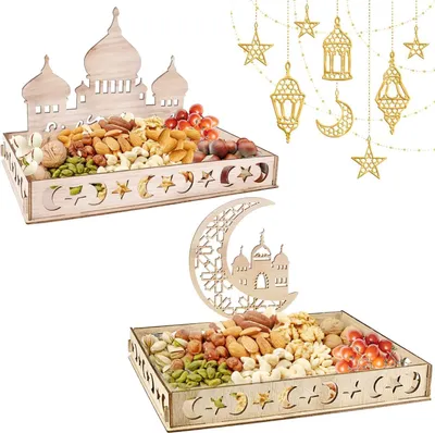 Obrázok produktu pre Drevený podnos Eid Mubarak – s motívom mesiaca a hviezd – dekorácia na riad