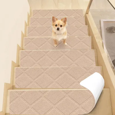 Treppenmatten 15er-Pack, selbstklebend, rutschfest, beige, 76x20 cm
