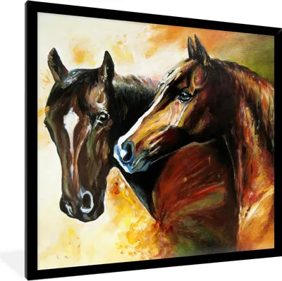 Produktbild von MuchoWow® Gerahmtes Poster Malerei - Pferde - Tiere - Ölgemälde 40x40 cm - Poster mit Schwarzem Bilderrahmen Wandposter Rahmen Foto Bilder - Mit Rahmen - Wanddekoration Schlafzimmer