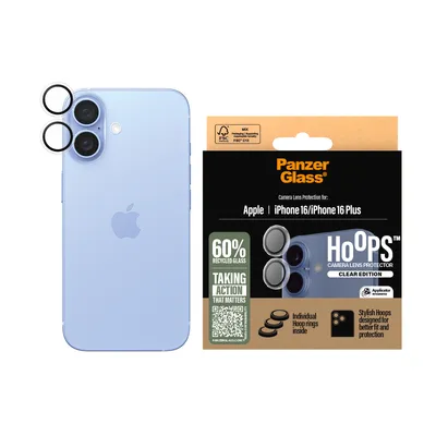 Obrázek produktu pro PanzerGlass ® Hoops® Transparent Camera Lens Protector iPhone 16 | 16 Plus, Apple, Apple - iPhone 16, Apple - iPhone 16 Plus, Aplikace nasucho, Odolné proti poškrábání, Odolný proti nárazům, Průhledná, 1 kusů