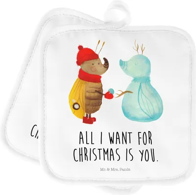 Produktbild von Mr. & Mrs. Panda Topflappen Nachtfalter Schneemann - Weiß - Geschenk, Winter, Weihnachten, Schnee, Kochlappen, Doppel, Topfuntersetzer, topfhalter, Weihnachtsgruß, Set