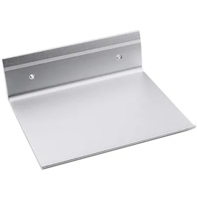 A silver metal shelf mounted on a white background.