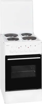 A white electric freestanding cooker with four black electric hob rings and a black oven door.