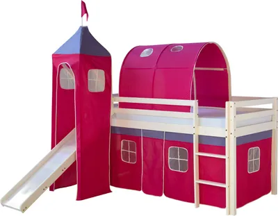 Image de Lit superposes enfants mezzanine lit blanc avec rideau, toboggan, tour