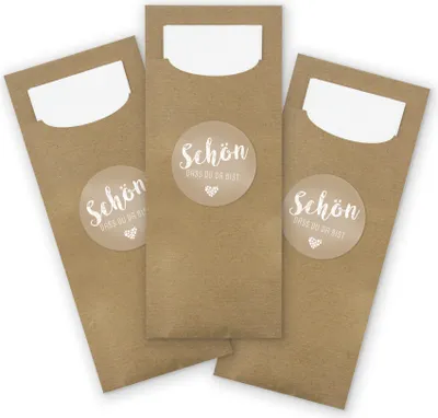 Produktbild von itenga 100x Bestecktasche aus Papier Kraftkarton mit Serviette + Sticker Braun
