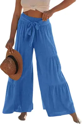 Produktbild von ASKSA Damen Weitem Bein Hose Elegant Hohe Taille Freizeithose Leichte Sommerhose, Blau, Groesse: XL