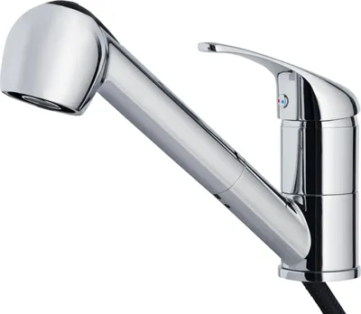 A chrome kitchen faucet with a pull-out spray head, shown against a white background.