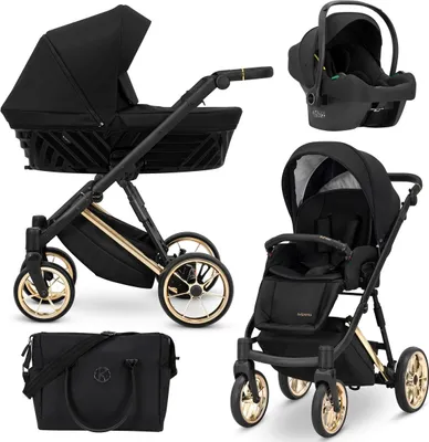 Image de Kunert Ivento Premium 3in1 poussette en noir avec cadre doré et accessoires